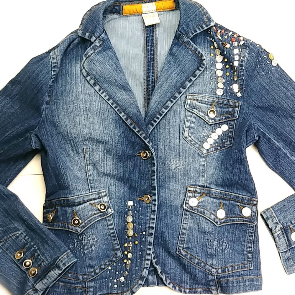 Oh Me Re Jeans Denim Jacket Bling Distressed Faded 34" Chest Jr Size Medium
